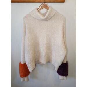 Zara Cream Fuzzy Turtleneck Sweater Colorblock Purple Orange Cuff Oversize Small